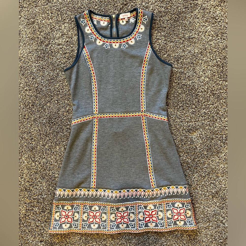 Anthropologie Pixley Gray Dress with Multicolor Embroidered Trim